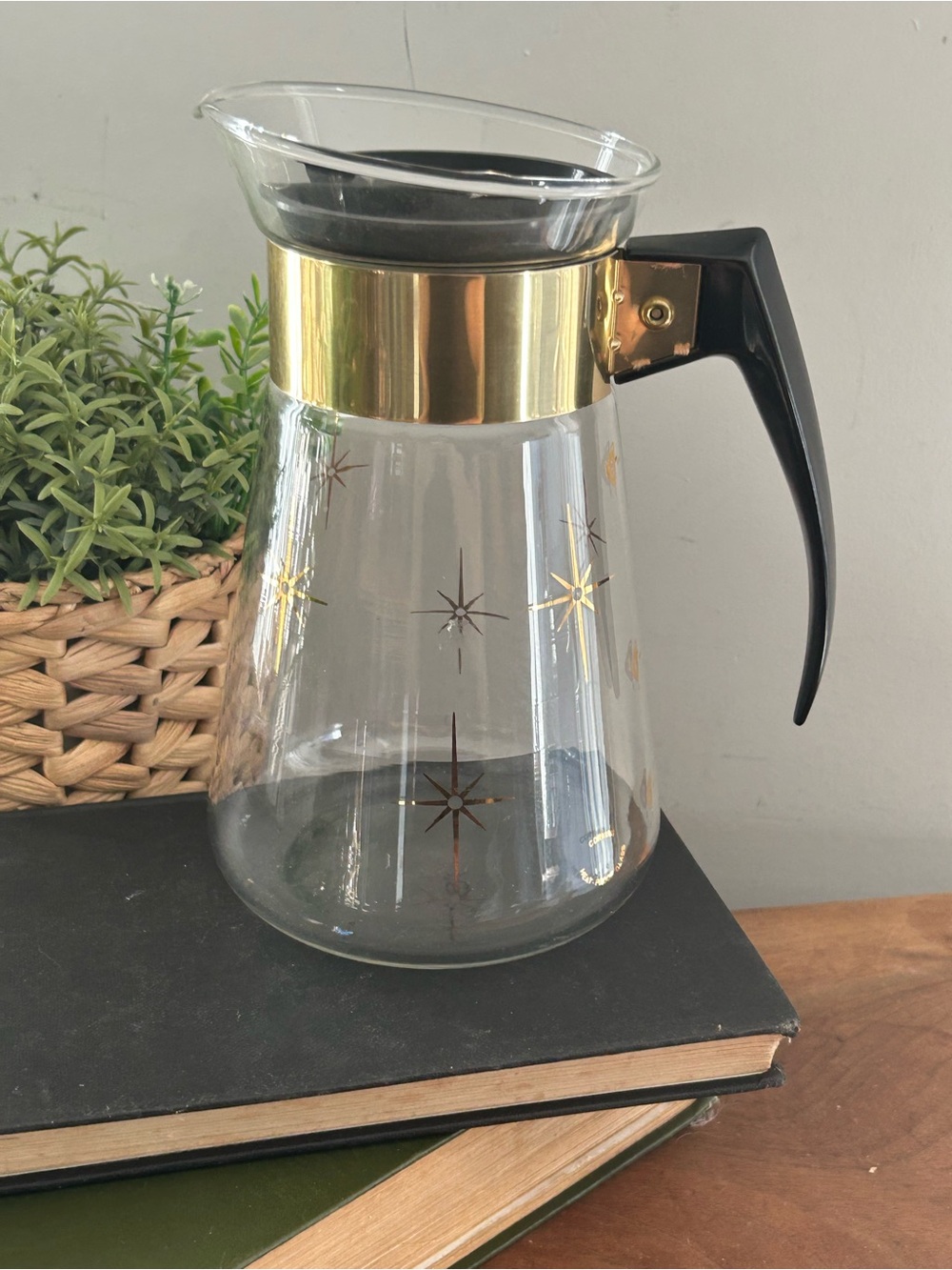 Vtg Corning 1960s Gold Atomic Star Burst Coffee Pot Carafe Tall MCM